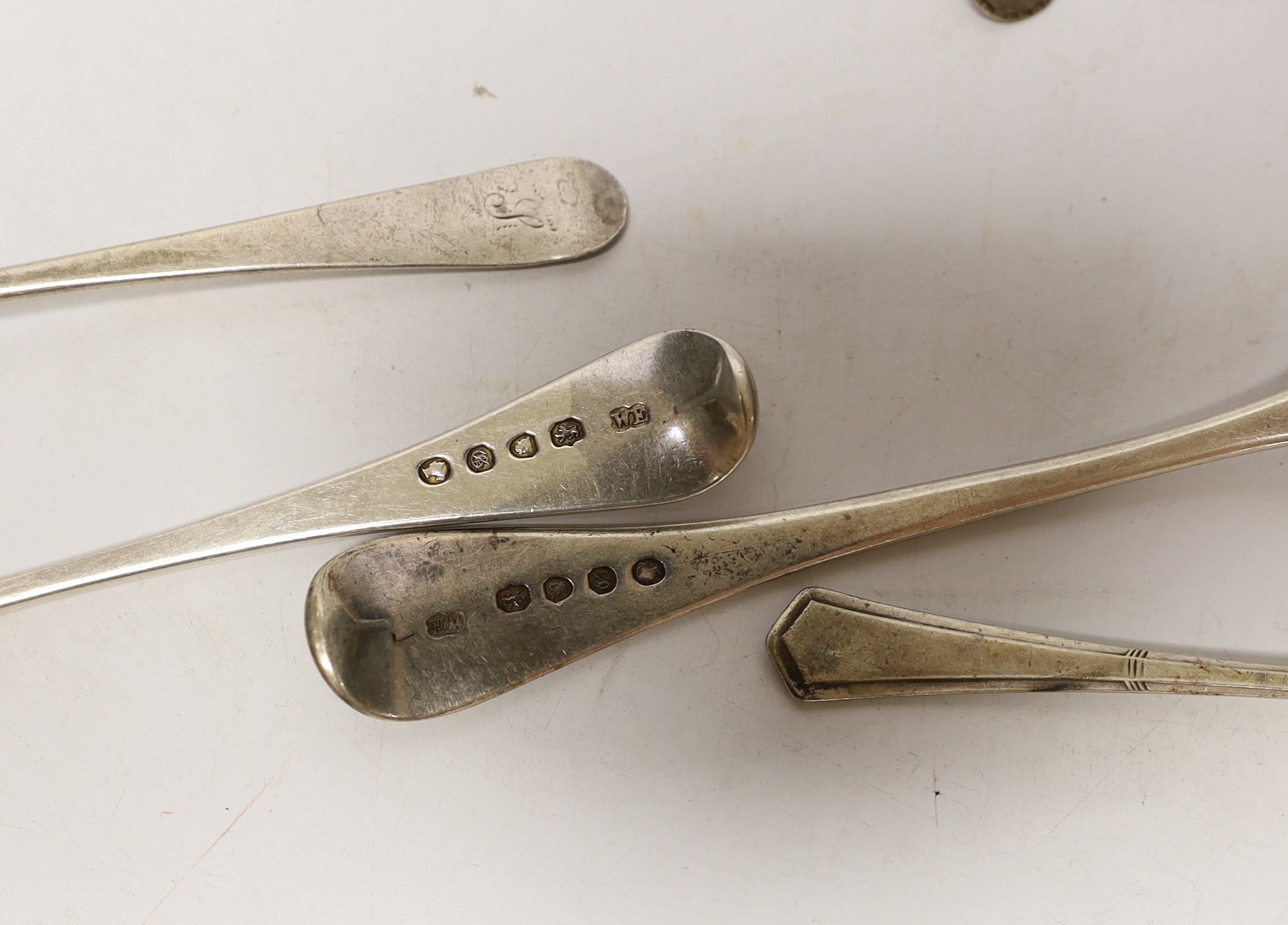 Two 19th century toddy ladles, including Scottish silver and a small quantity of assorted 19th century silver flatware, 15oz.